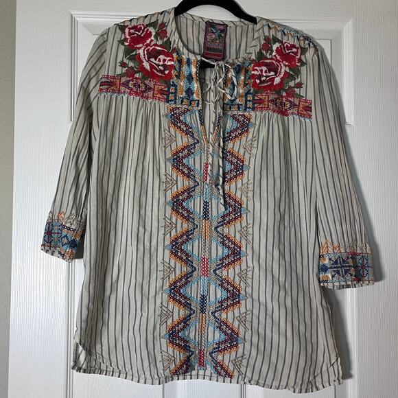 Johnny Was Blue Stripes Embroidered Boho Indie Blouse Top Size XS - Picture 1 of 7